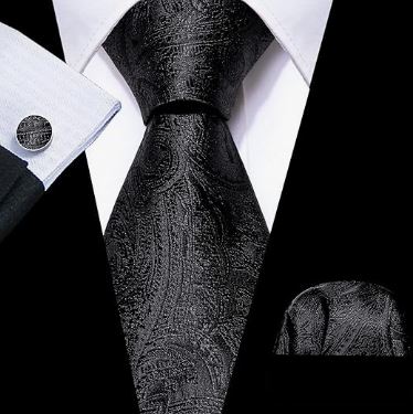 Black Solid - Silk Woven Print Necktie, Pocket Square, and Cufflinks Set