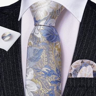 Blue, Beige and Gray - Silk Woven Print Necktie, Pocket Square, and Cufflinks Set