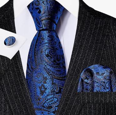 Blue Black Floral - Silk Woven Print Necktie, Pocket Square and Cufflinks Set