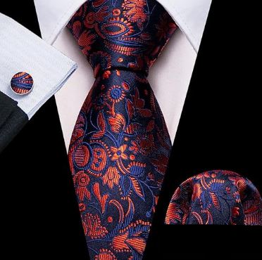 Blue Red Floral - Silk Woven Print Necktie, Pocket Square and Cufflinks Set
