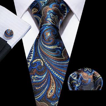 Blue and Brown - Silk Woven Print Necktie, Pocket Square, and Cufflinks Set