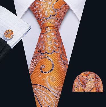 Bright Orange - Sill Woven Print Necktie, Pocket Square and Cufflinks Set