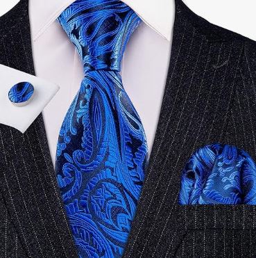 Bright Royal Blue - Silk Woven Print Necktie, Pocket Square, and Cufflinks Set