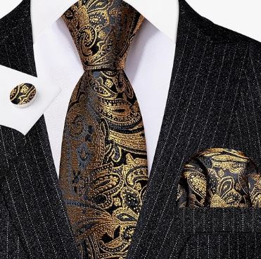 Brown Black Floral - Silk Woven Print Necktie, Pocket Square and Cufflinks Set