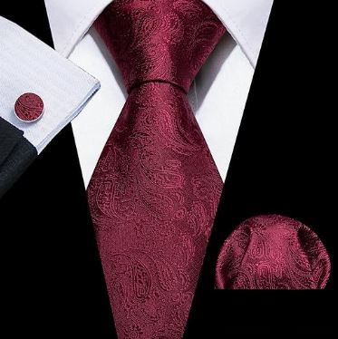 Burgundy - Silk Woven Print Necktie, Pocket Square and Cufflinks Set