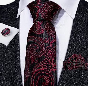 Burgundy Red - Silk Woven Print Necktie, Pocket Square and Cufflinks Set