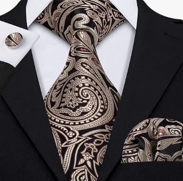 Dark Gold - Silk Woven Print Necktie, Pocket Square and Cufflinks Set