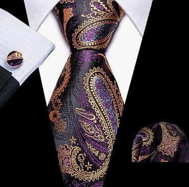 Dark Purple Gold - Silk Woven Necktie, Pocket Square and Cufflinks Set