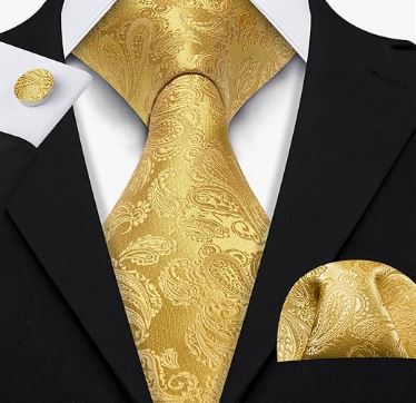 Gold Paisley Solid - Silk Woven Necktie, Pocket Square and Cufflinks Set