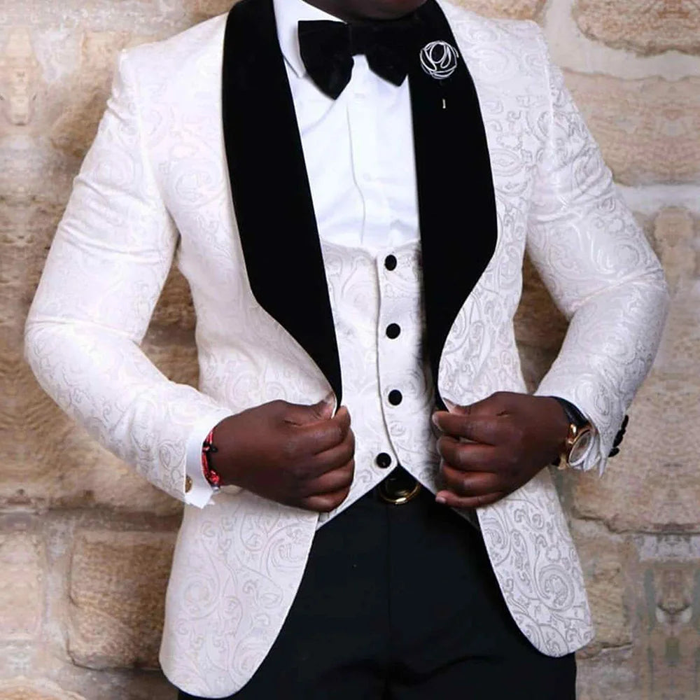 Elegant Floral Wedding Suits For Men Slim Fit Black Peak Lapel Jacquard Blazer Vest Pants 3 Pieces Formal Man Party Prom Jackets