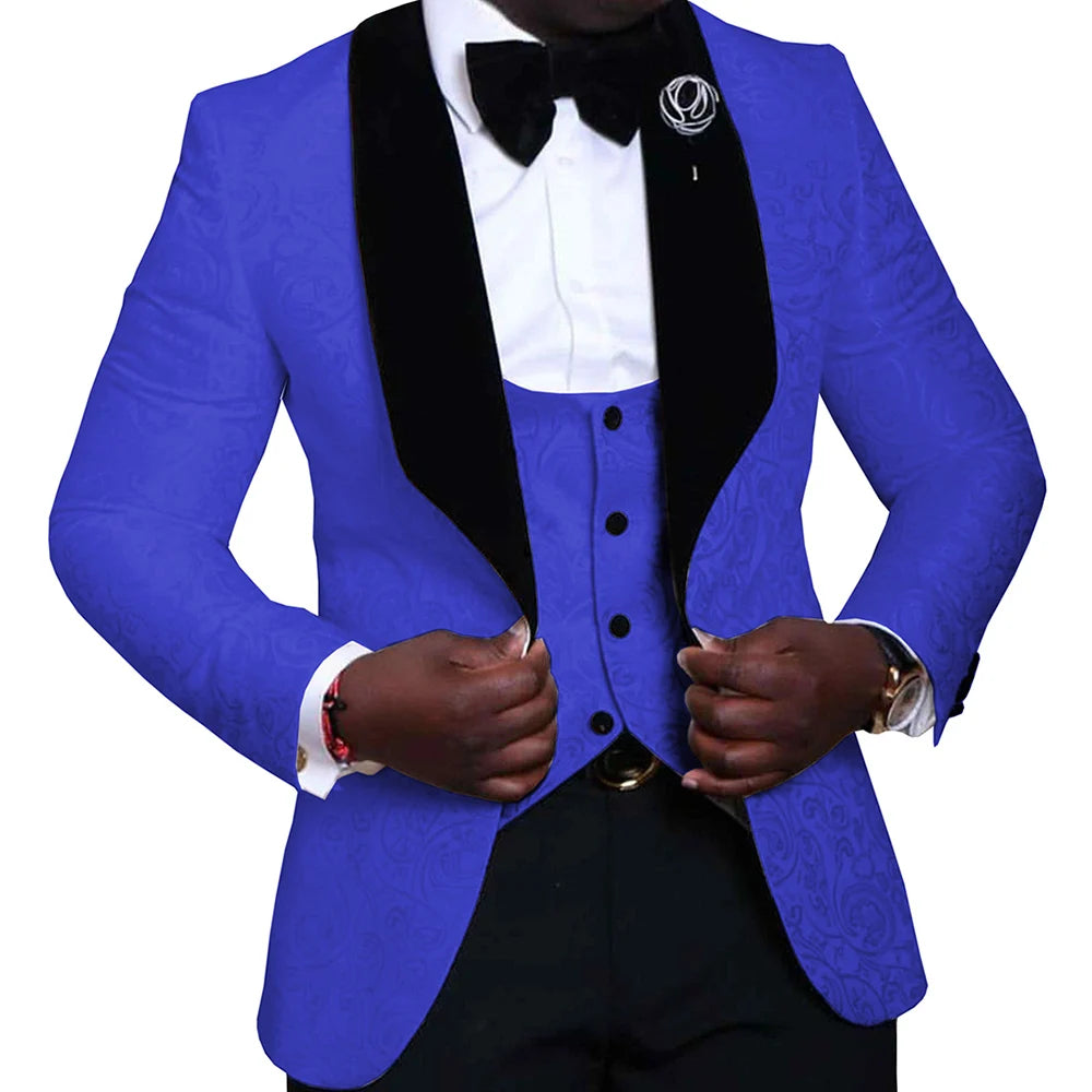 Elegant Floral Wedding Suits For Men Slim Fit Black Peak Lapel Jacquard Blazer Vest Pants 3 Pieces Formal Man Party Prom Jackets