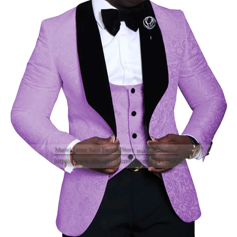 Elegant Floral Wedding Suits For Men Slim Fit Black Peak Lapel Jacquard Blazer Vest Pants 3 Pieces Formal Man Party Prom Jackets