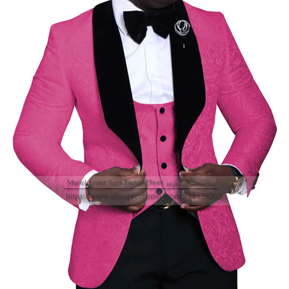 Elegant Floral Wedding Suits For Men Slim Fit Black Peak Lapel Jacquard Blazer Vest Pants 3 Pieces Formal Man Party Prom Jackets