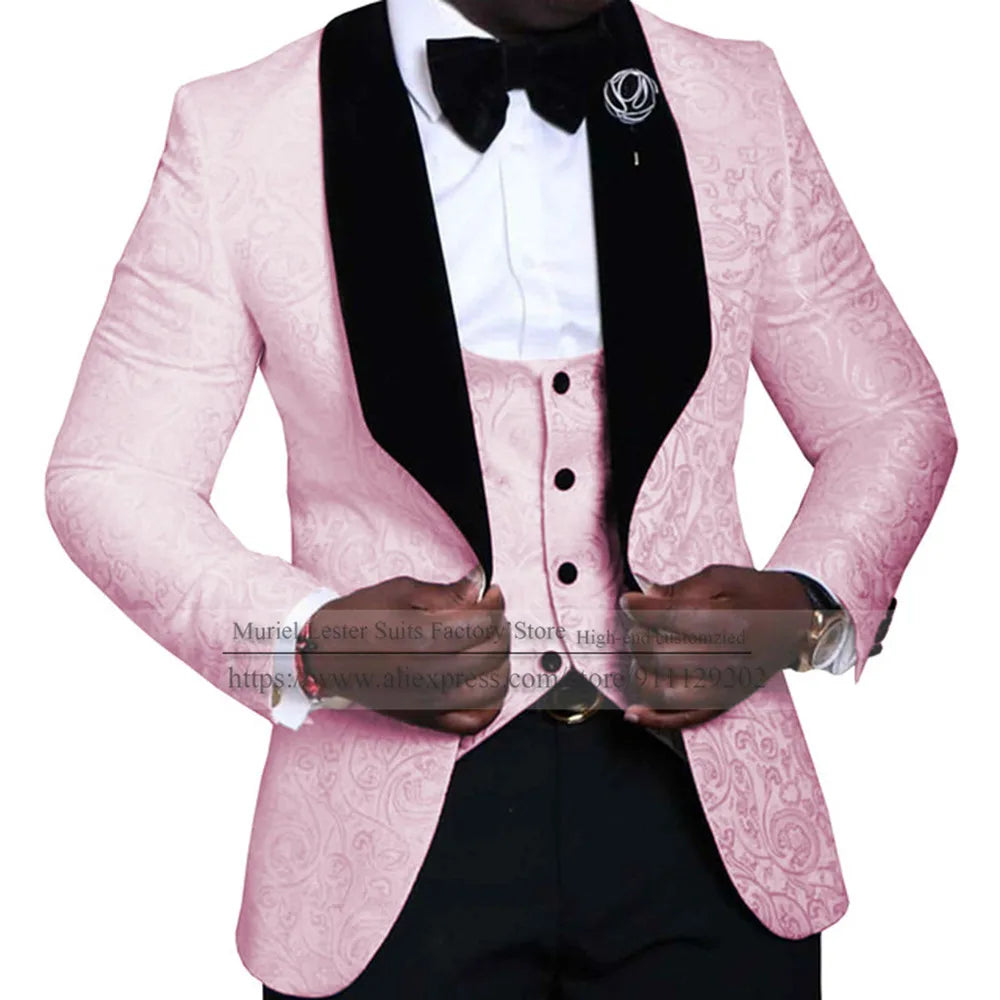 Elegant Floral Wedding Suits For Men Slim Fit Black Peak Lapel Jacquard Blazer Vest Pants 3 Pieces Formal Man Party Prom Jackets