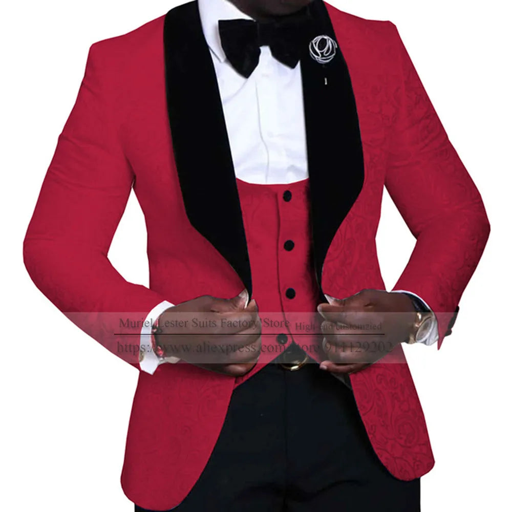 Elegant Floral Wedding Suits For Men Slim Fit Black Peak Lapel Jacquard Blazer Vest Pants 3 Pieces Formal Man Party Prom Jackets