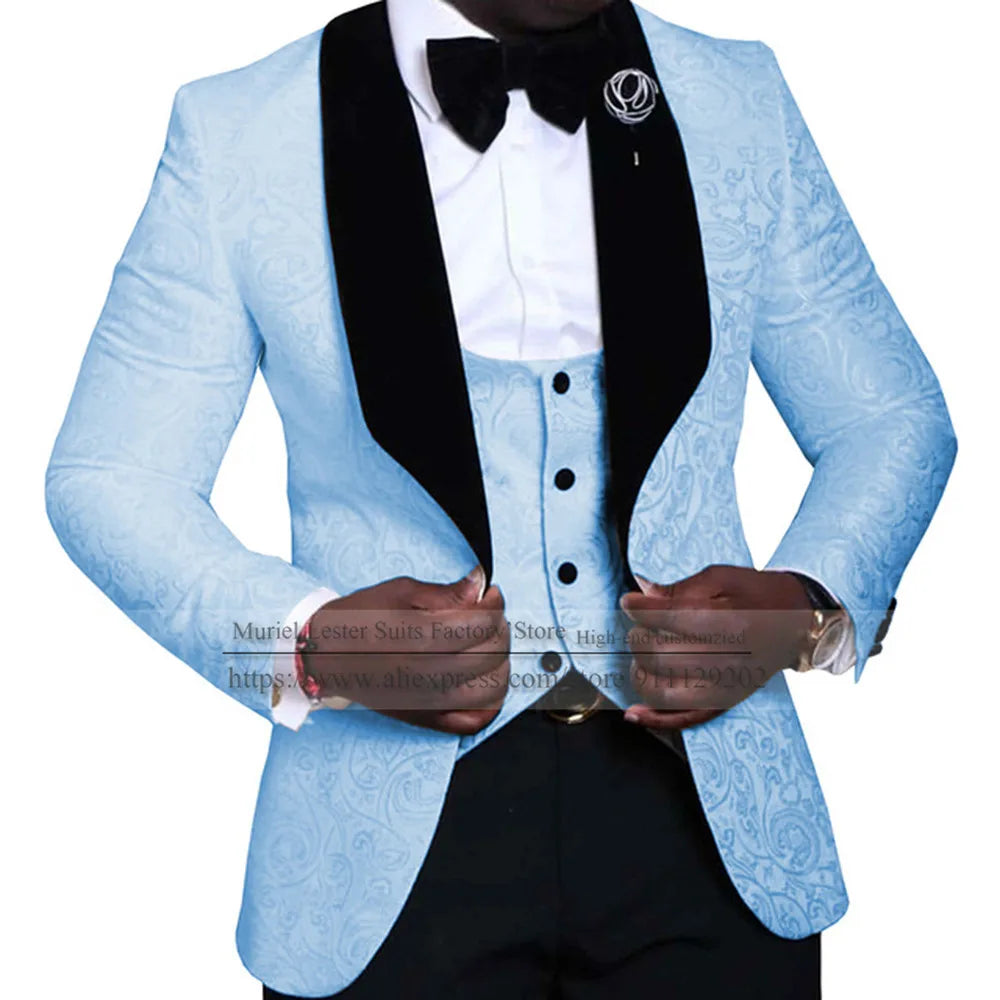 Elegant Floral Wedding Suits For Men Slim Fit Black Peak Lapel Jacquard Blazer Vest Pants 3 Pieces Formal Man Party Prom Jackets