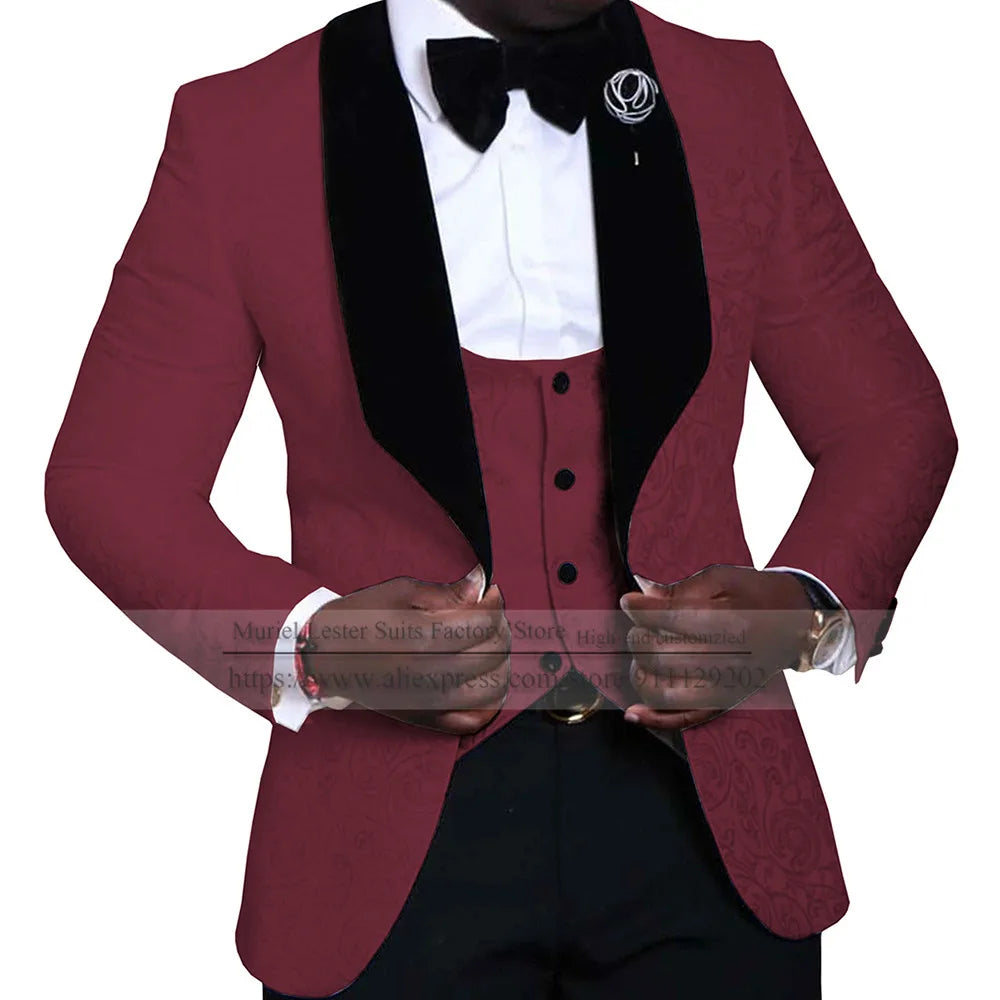 Elegant Floral Wedding Suits For Men Slim Fit Black Peak Lapel Jacquard Blazer Vest Pants 3 Pieces Formal Man Party Prom Jackets