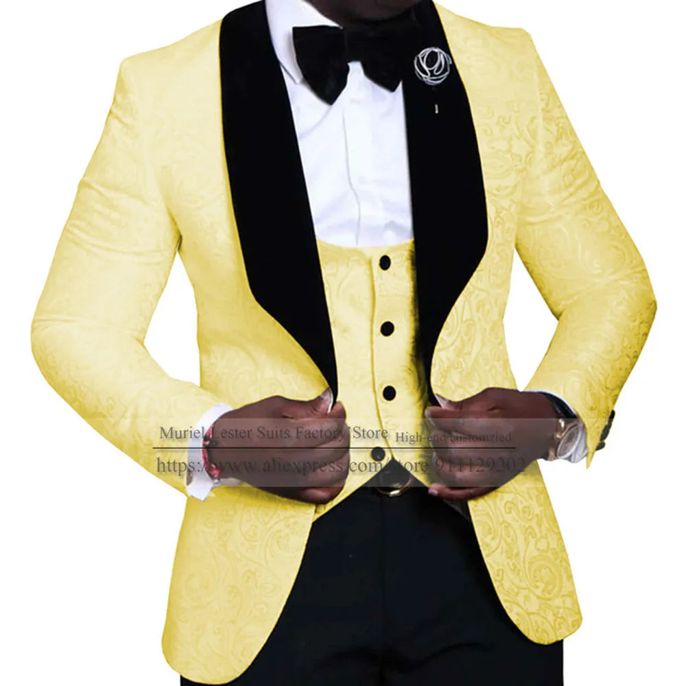 Elegant Floral Wedding Suits For Men Slim Fit Black Peak Lapel Jacquard Blazer Vest Pants 3 Pieces Formal Man Party Prom Jackets