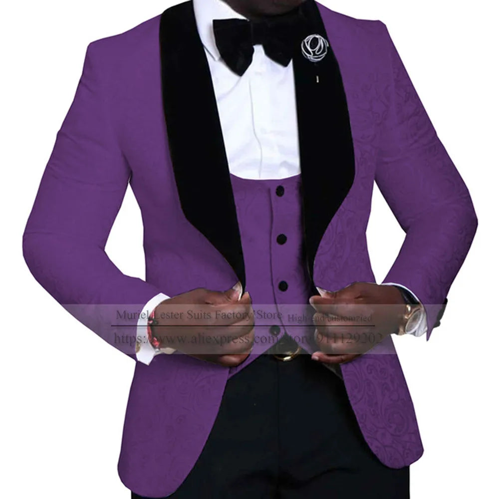 Elegant Floral Wedding Suits For Men Slim Fit Black Peak Lapel Jacquard Blazer Vest Pants 3 Pieces Formal Man Party Prom Jackets