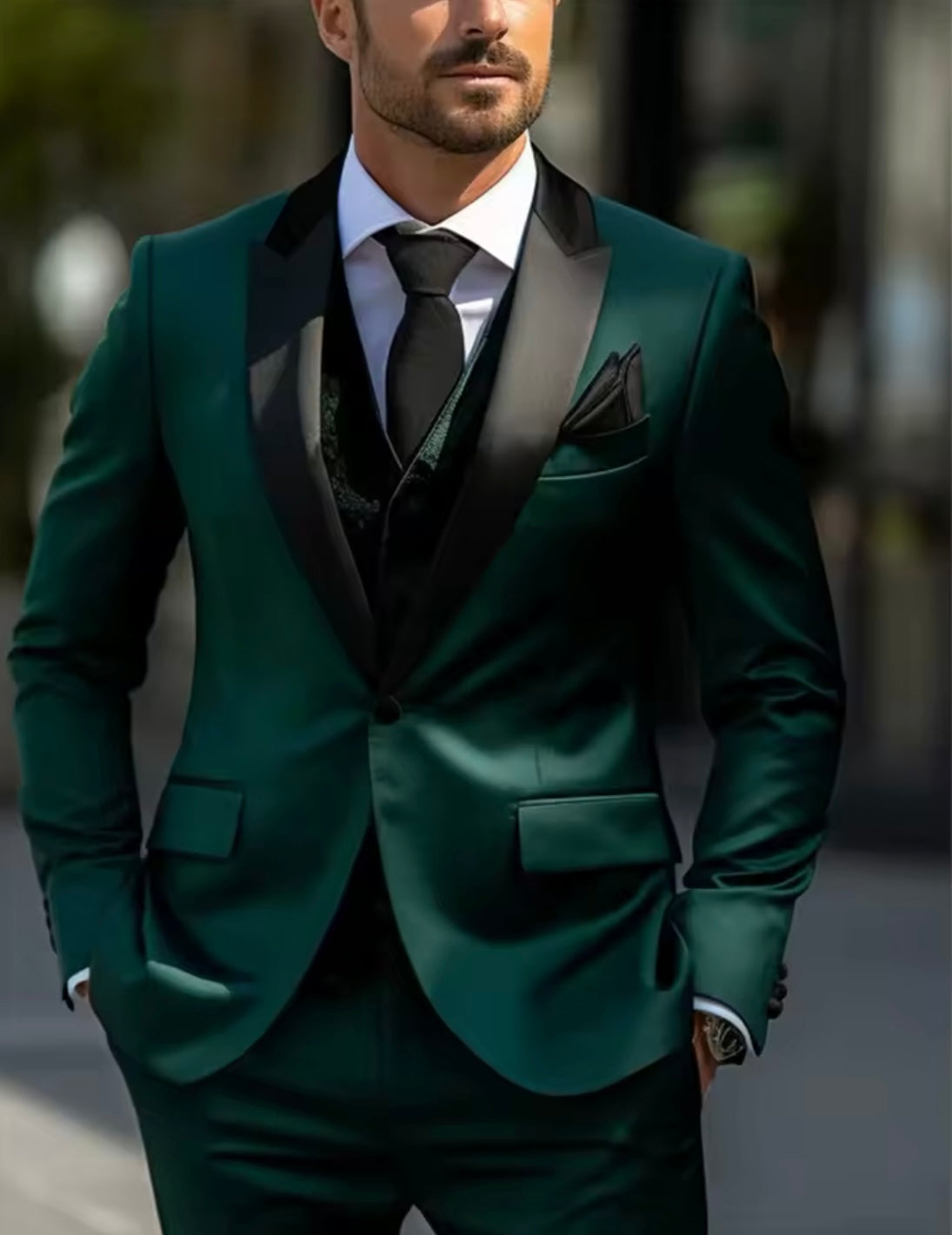 Item Mystifying - Emerald Green Black Peaked Lapel Two Piece