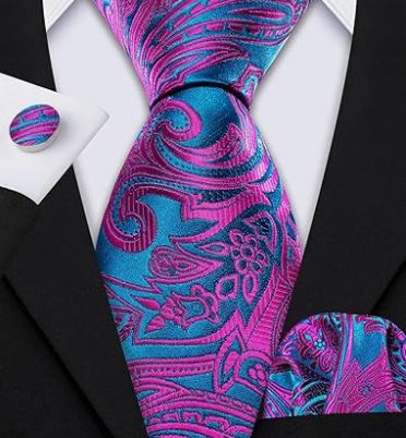 Purple Teal Paisley - Silk Woven Print Necktie, Pocket Square and Cufflinks Set