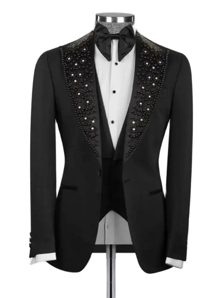 Item Fondness - Black Beaded Crystal Lapel 3 Piece Tuxedo