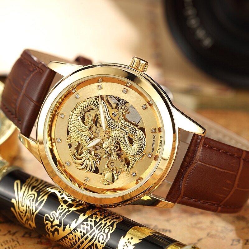 Brown Leather Band with Golden Dragon
