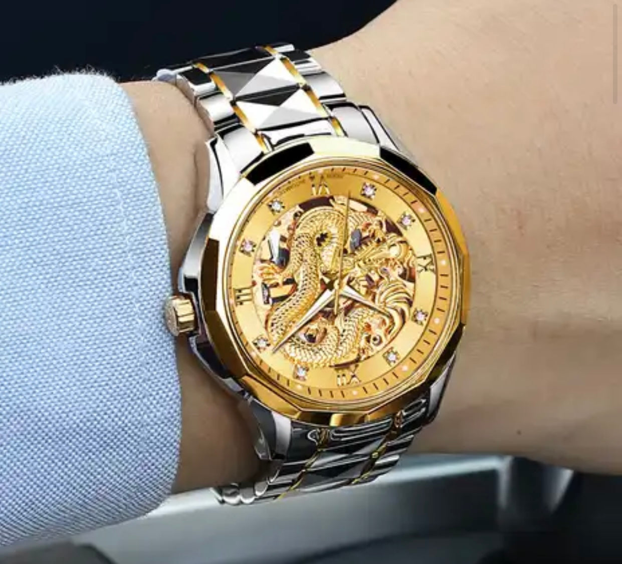 Silver-Gold Face 3D Dragon Tungsten Strap