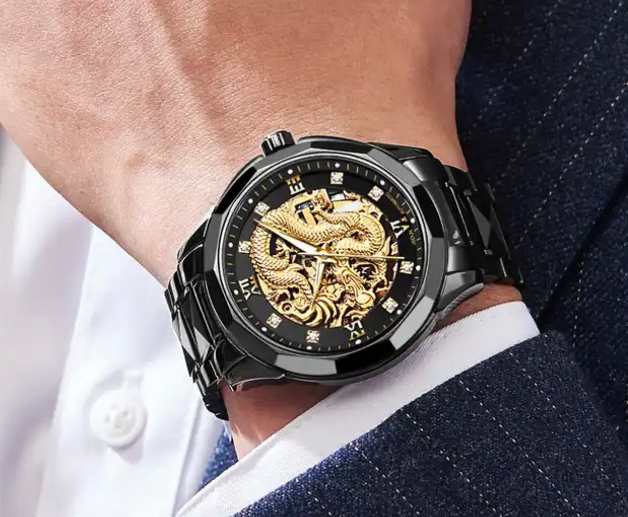 Black-Black Face 3D Dragon Tungsten Strap