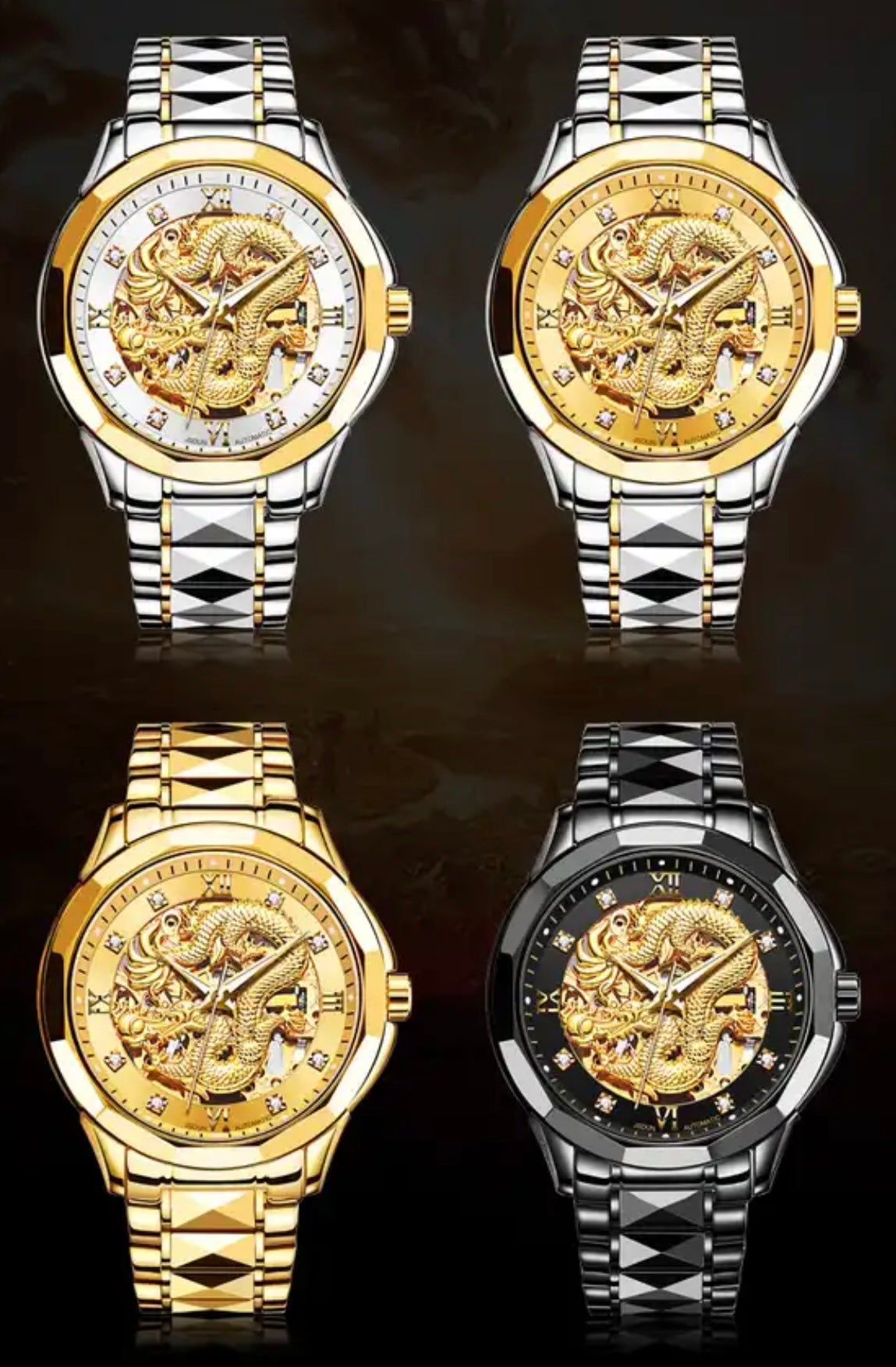 Silver-Gold Face 3D Dragon Tungsten Strap