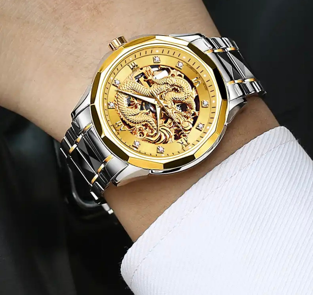 Silver-Gold Face 3D Dragon Tungsten Strap