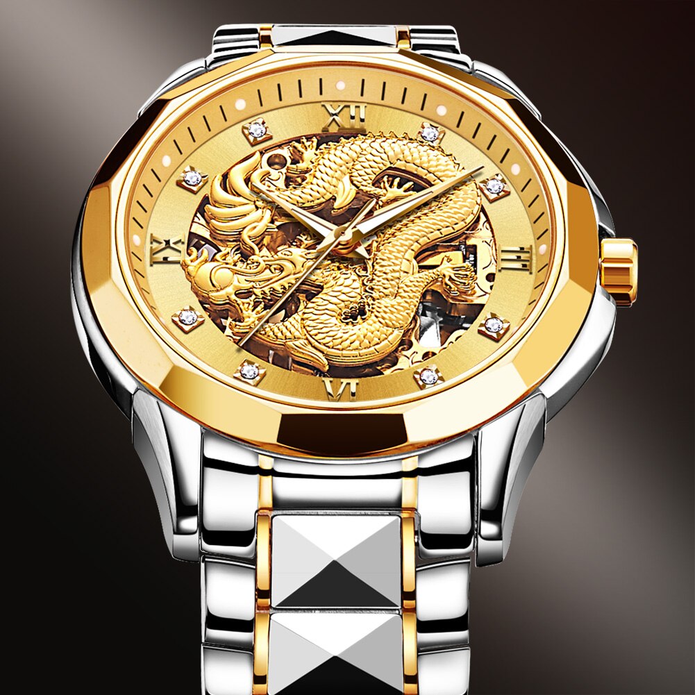 Silver-Gold Face 3D Dragon Tungsten Strap