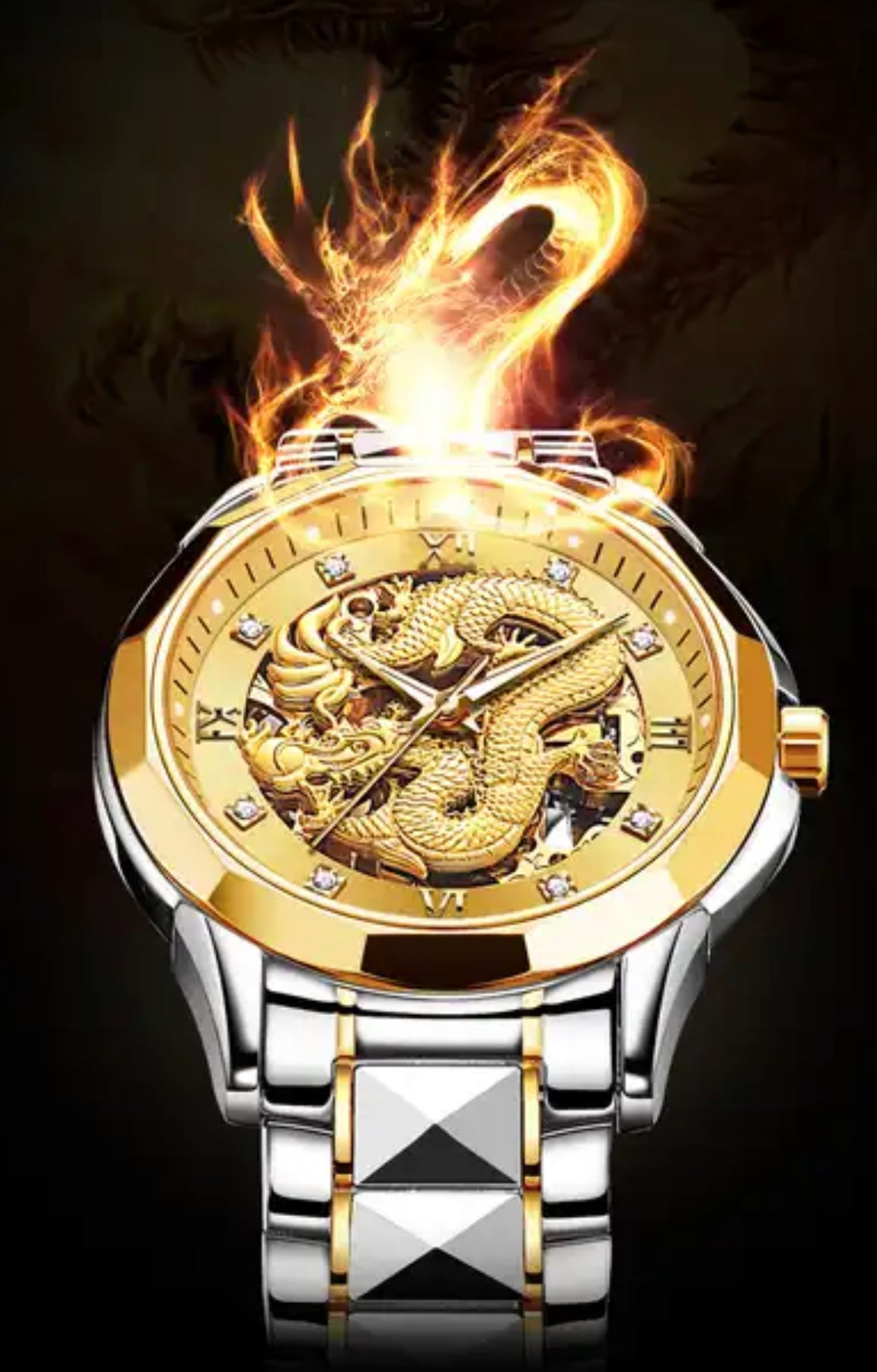 Silver-Gold Face 3D Dragon Tungsten Strap