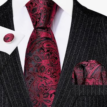 Burgundy Black Floral - Silk Woven Print Necktie, Pocket Square, and Cufflinks Set