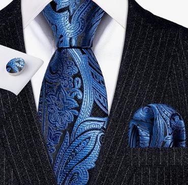 Deep Blue Paisley - Silk Woven Necktie, Pocket Square and Cufflinks Set