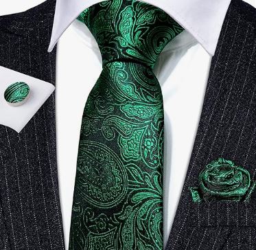 Emerald Green Paisley - Silk Woven Necktie, Pocket Square and Cufflinks Set