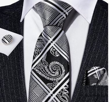 Gray Black - Silk Woven Necktie, Pocket Square and Cufflinks Set