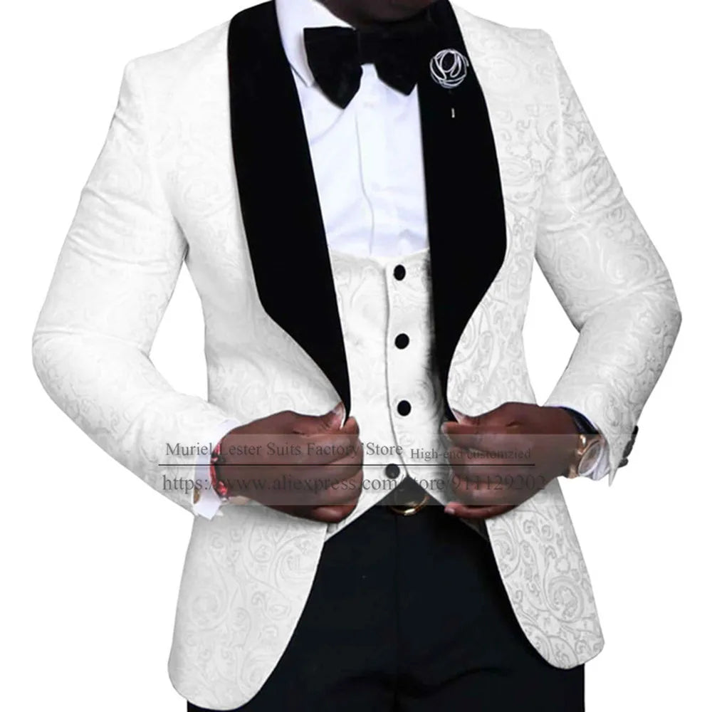 Elegant Floral Wedding Suits For Men Slim Fit Black Peak Lapel Jacquard Blazer Vest Pants 3 Pieces Formal Man Party Prom Jackets