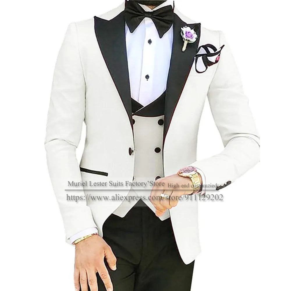 Pink Wedding Suits For Men Black Notch Lapel Jacket Vest Pants 3 Pieces Formal Groom Tuxedos Bespoke Business Prom Party Blazers