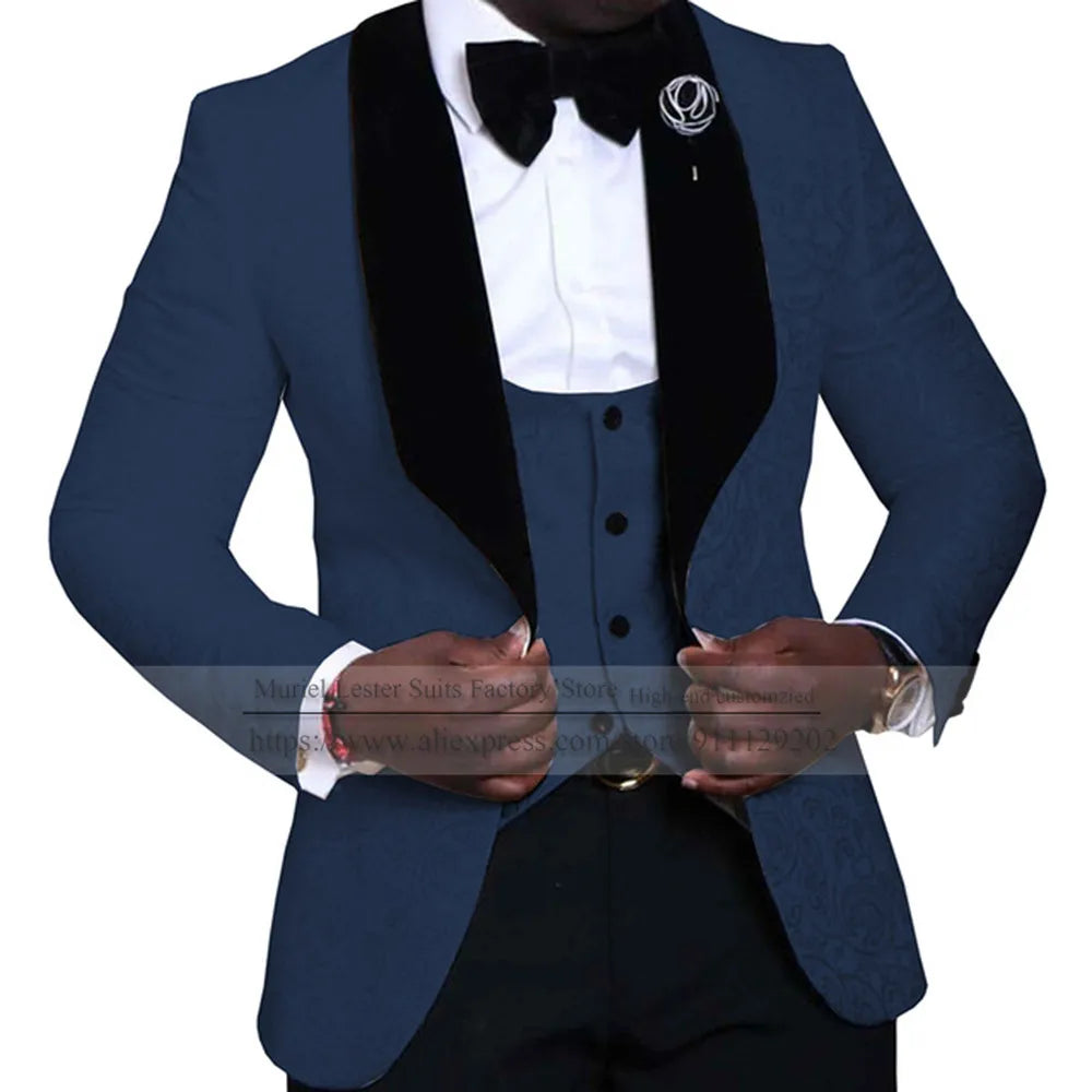 Elegant Floral Wedding Suits For Men Slim Fit Black Peak Lapel Jacquard Blazer Vest Pants 3 Pieces Formal Man Party Prom Jackets