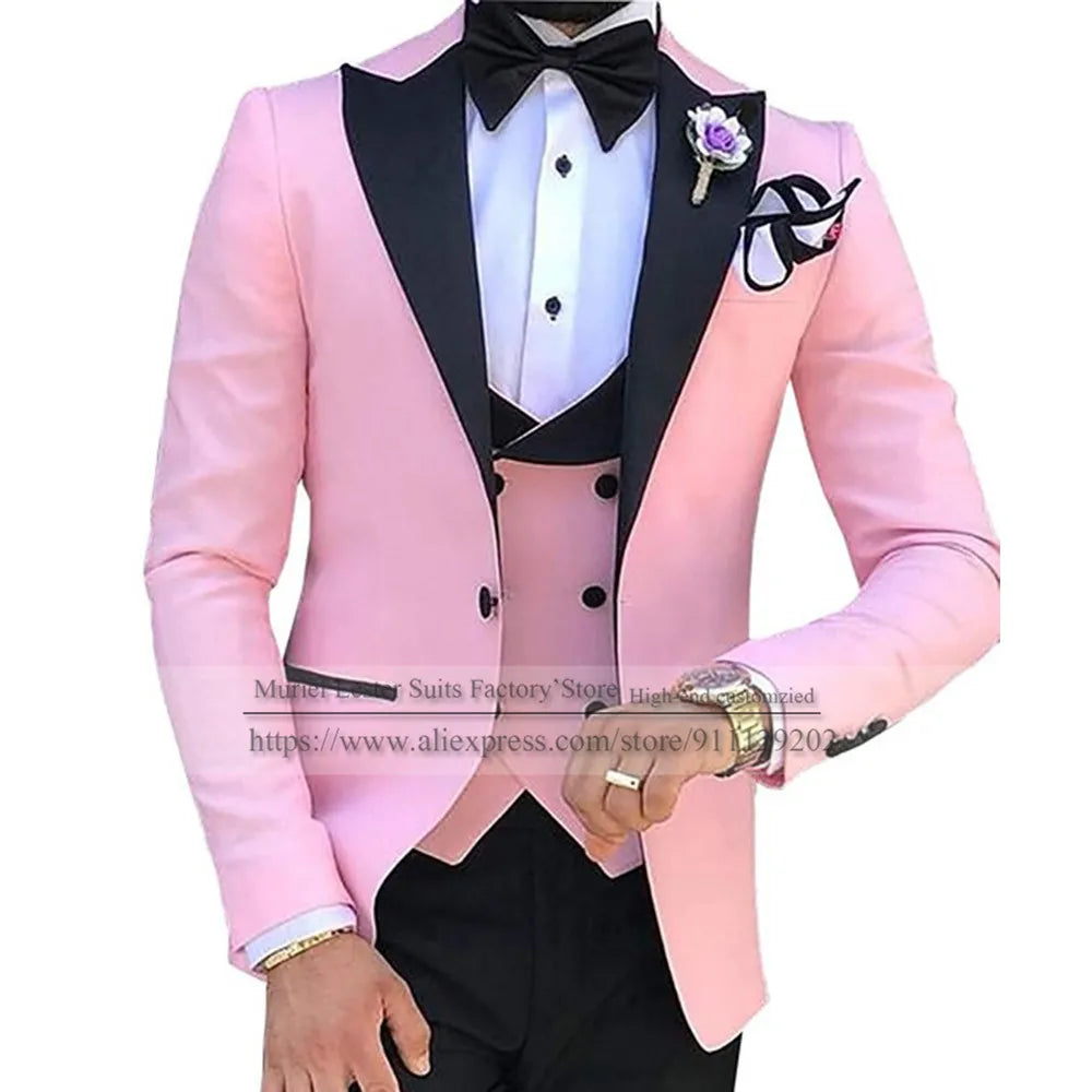 Pink Wedding Suits For Men Black Notch Lapel Jacket Vest Pants 3 Pieces Formal Groom Tuxedos Bespoke Business Prom Party Blazers