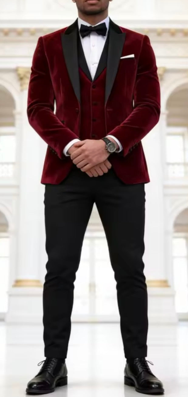 Select to VOTE for Burgundy Velvet Jacket with Black Accent Tuxedo