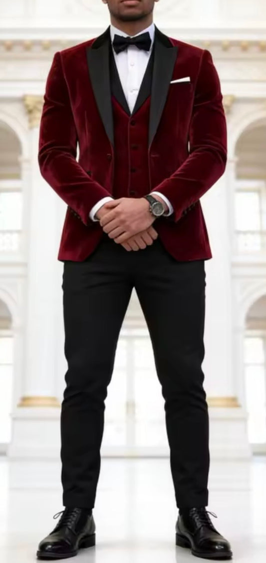 Select to VOTE for Burgundy Velvet Jacket with Black Accent Tuxedo