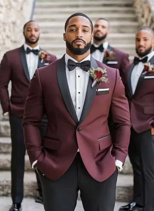 Item Compassionate - Burgundy with Black Satin Shawl Lapel Two Piece