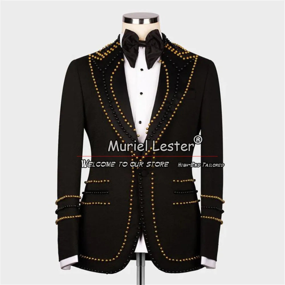 Formal Man Suit Jackets Gold/Black Pearls Handmade Prom Blazer Sets Banquet Dinner Party Wedding Groom Tuxedos Custom Made 1 Pcs