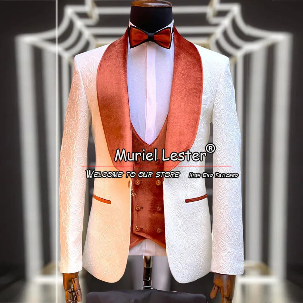 Groom Wedding Suits Elegant Velvet Lapel Jacquard Men's Tuxedos 3 Pieces Jacket Vest Pants Bespoke Man Prom Blazer Male Clothing