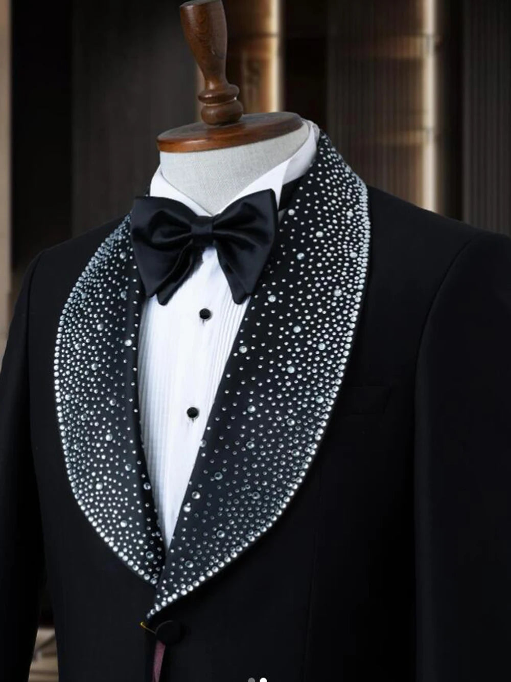 Luxury Groom Wedding Tuxedos Custom Made Black Peaked Lapel Beaded Blazer Pants 2 Pieces Men's Suits Male Fashion Dinner Blazers