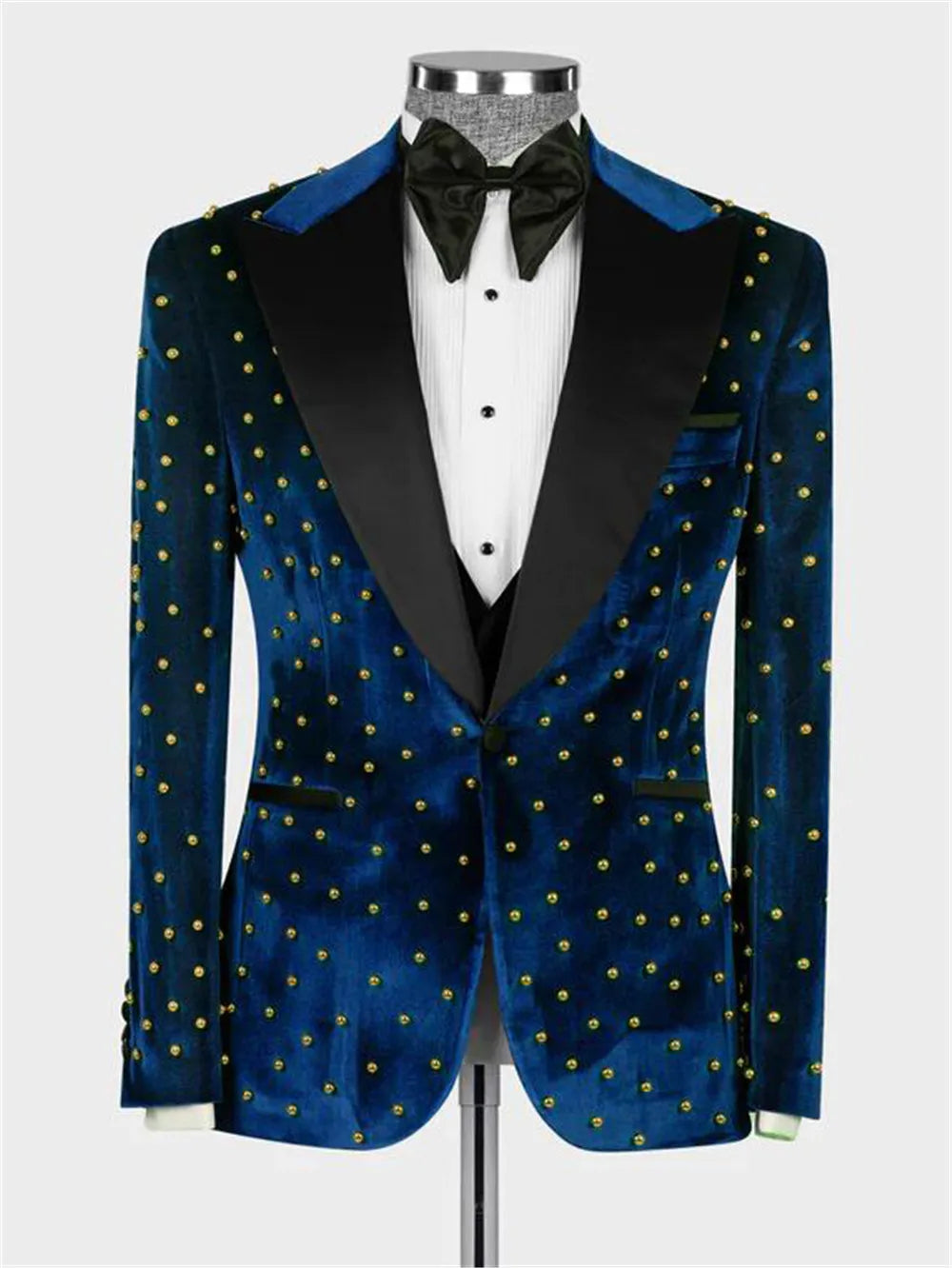 Man Velvet Suits With Handmade Gold Pearls Groom Wedding Tuxedos Custom Made Black Peaked Lapel 3 Pieces Formal Prom Blazer Sets
