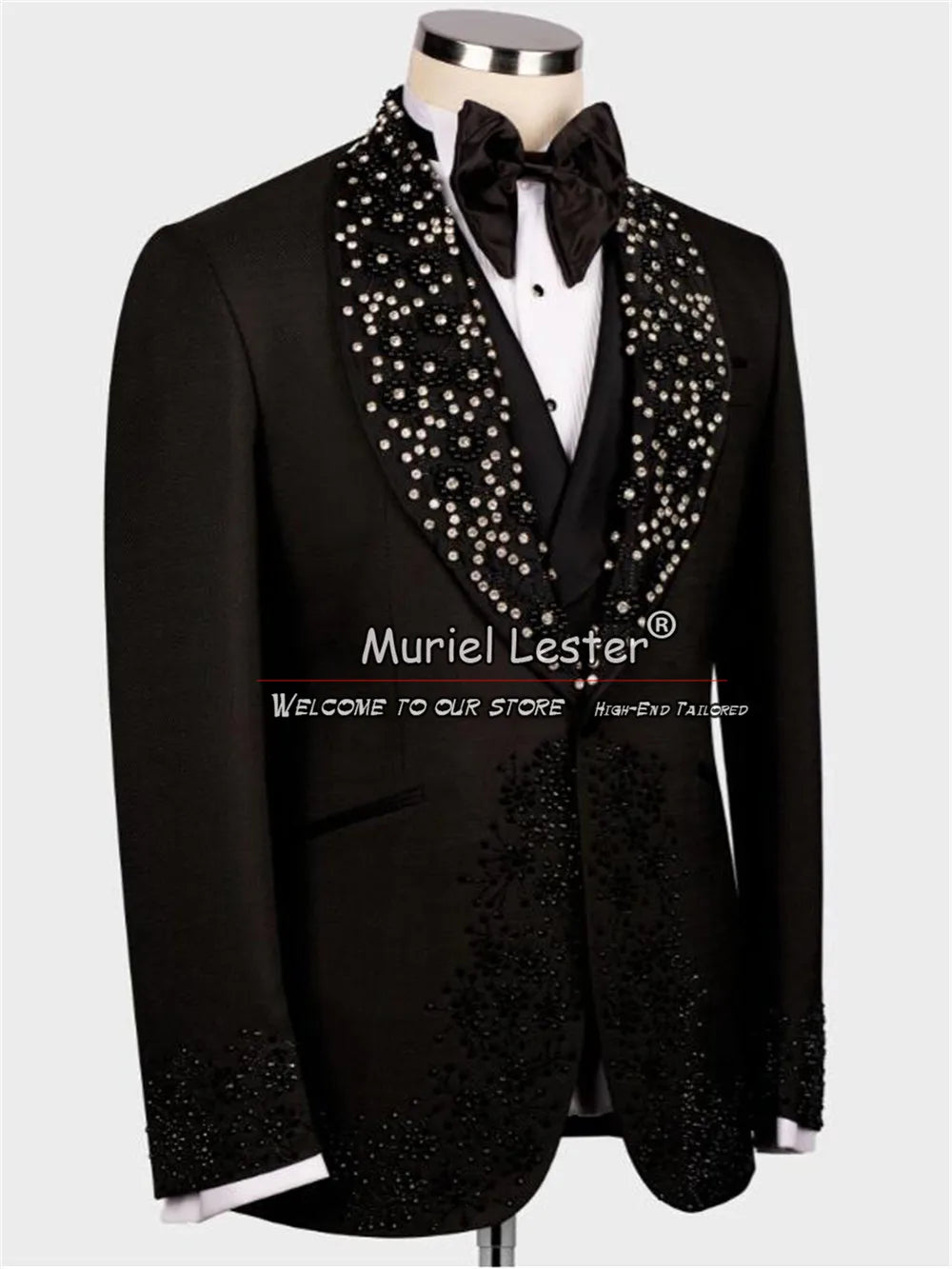Luxury Men's Wedding Suits Bespoke Crystals Beaded Jacket Vest Pants 3 Pieces Groom Tuxedo Man Party Prom Blazer Terno Masculino