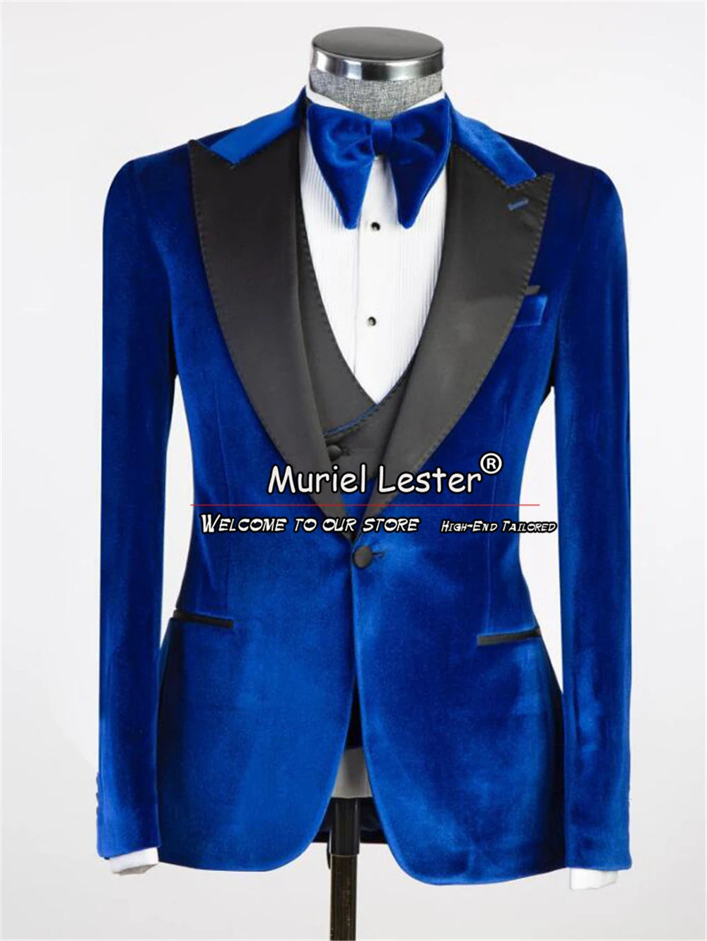 Royal Blue Suits Men Fit Slim Black Peaked Lapel Jacket Vest Pants 3 Piece Bridegroom Wedding Tuxedos Custom Velvet Prom Blazers